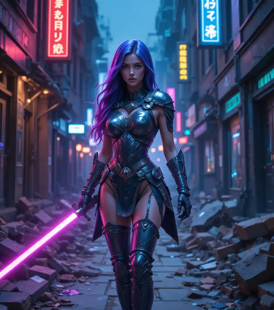 Purple haired female warrior in neon lit sci fi alley
