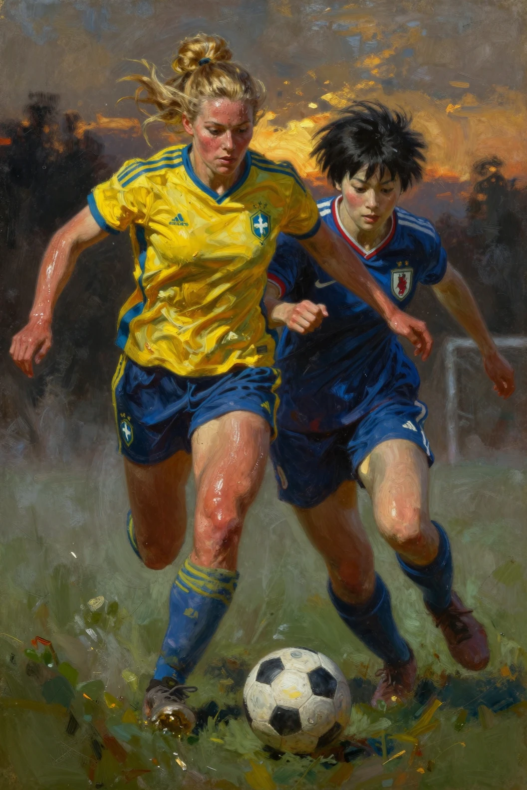 Dramatisches Ölgemälde von zwei Frauen, die einem Fußball nachjagen