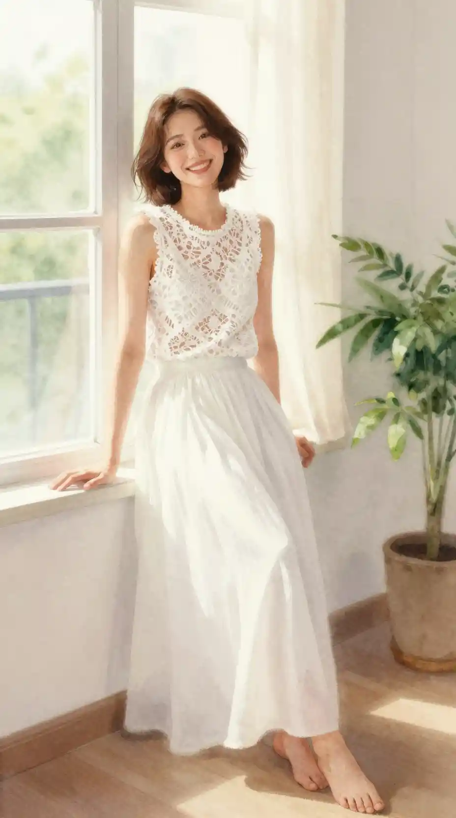 Smiling woman in white lace outfit by bright window