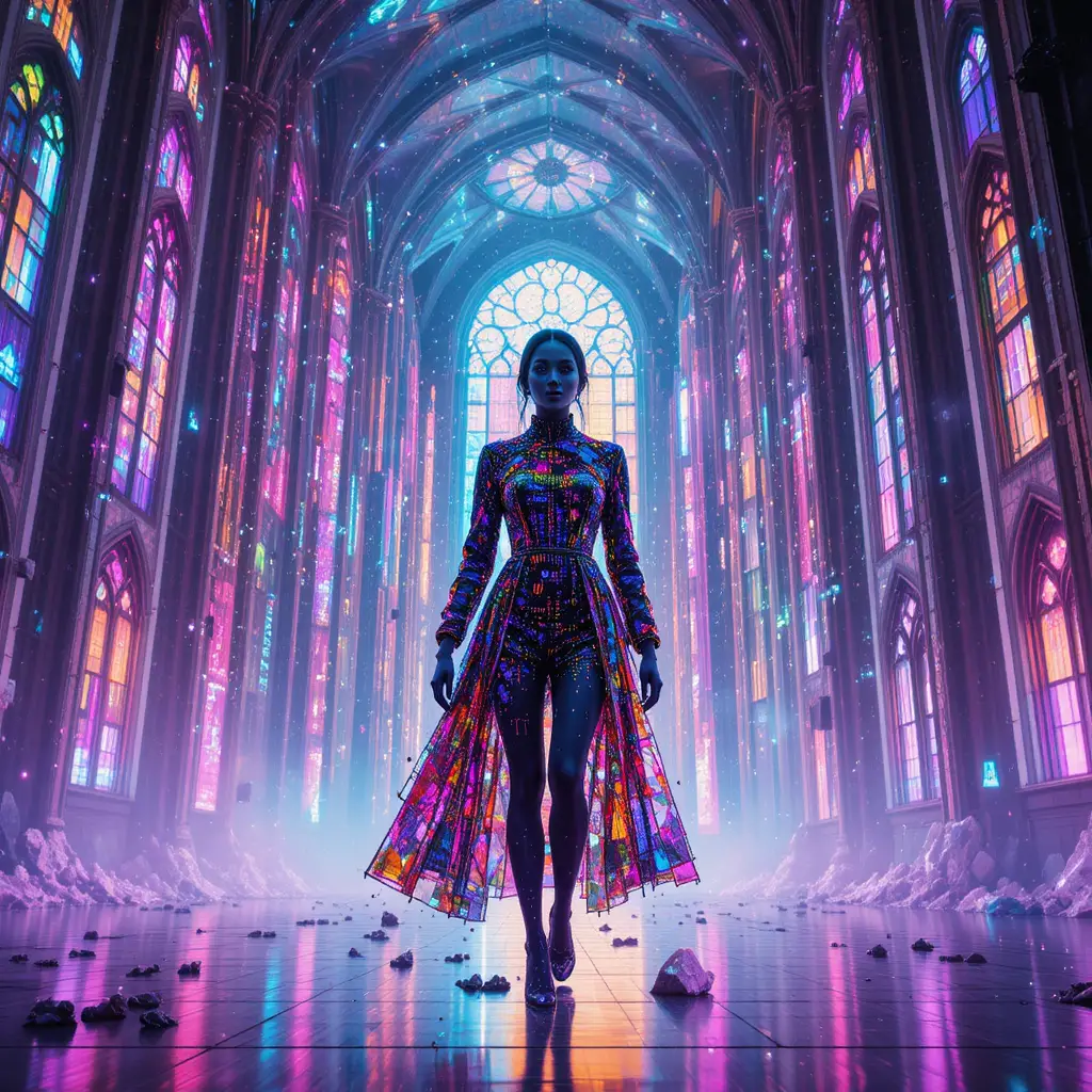 Femme cybernétique émergeant d’une cathédrale numérique en ruine