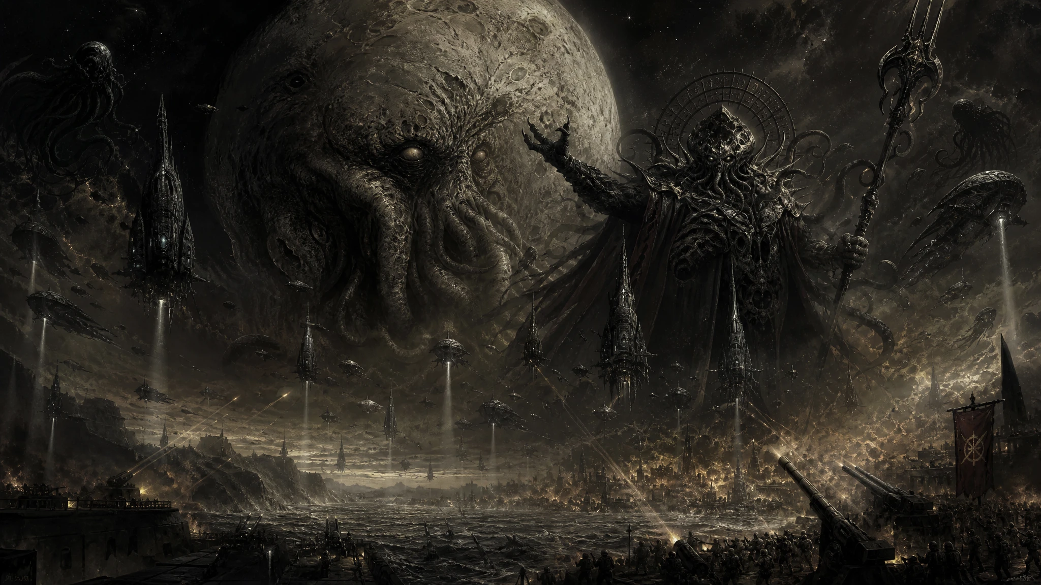 Colossal cosmic overlord leading a final assault on humanity