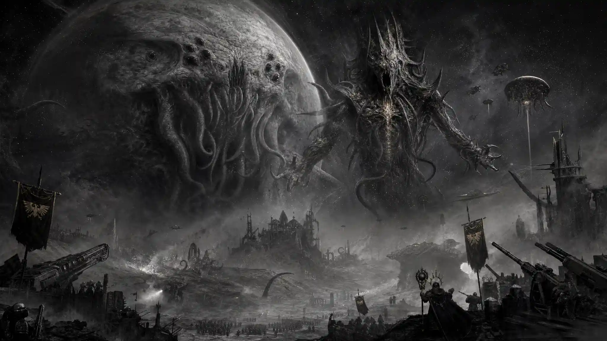 Colossal cosmic overlord leading a final assault on humanity