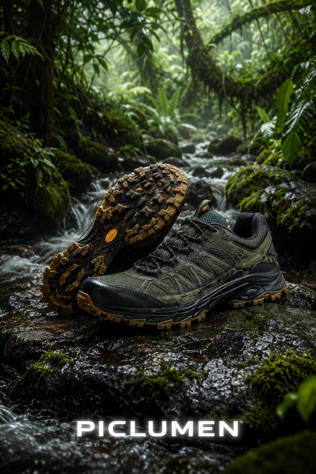 Zapatillas de trail running sobre roca húmeda en selva tropical con arroyo