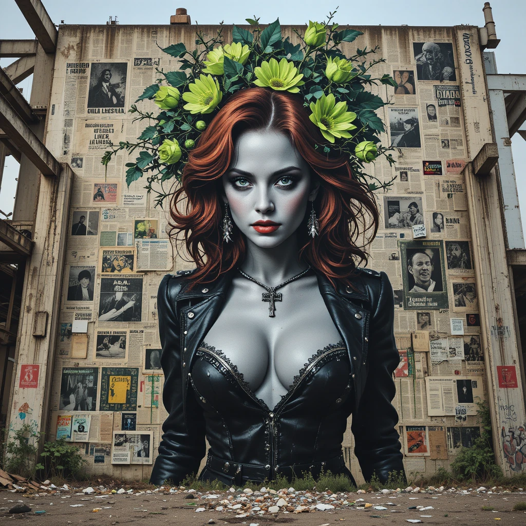 Banksy-inspiriertes Femme-fatale-Wandgemälde auf verwitterter Industrie­wand
