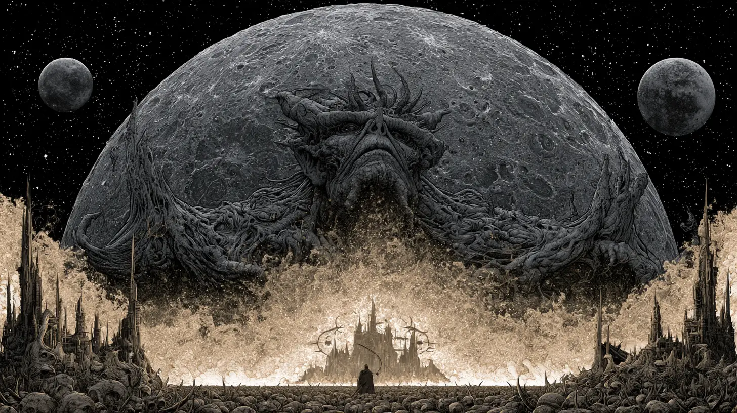 Colossal cosmic overlord leading a final assault on mankind