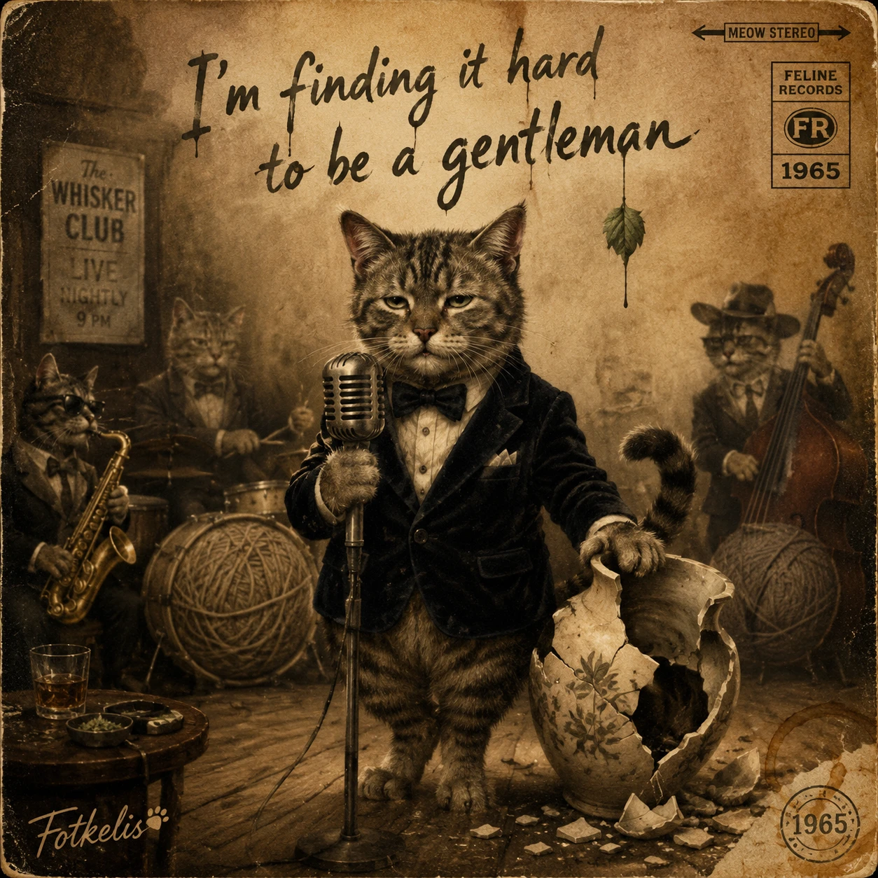 Melancholic tabby singer on vintage cat album cover