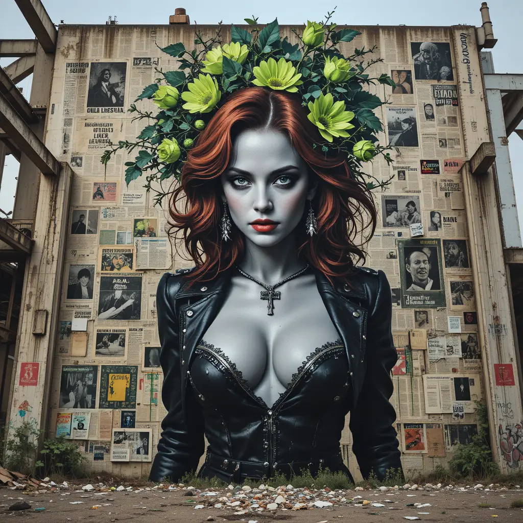 Murale femme fatale in stile Banksy su muro industriale in rovina