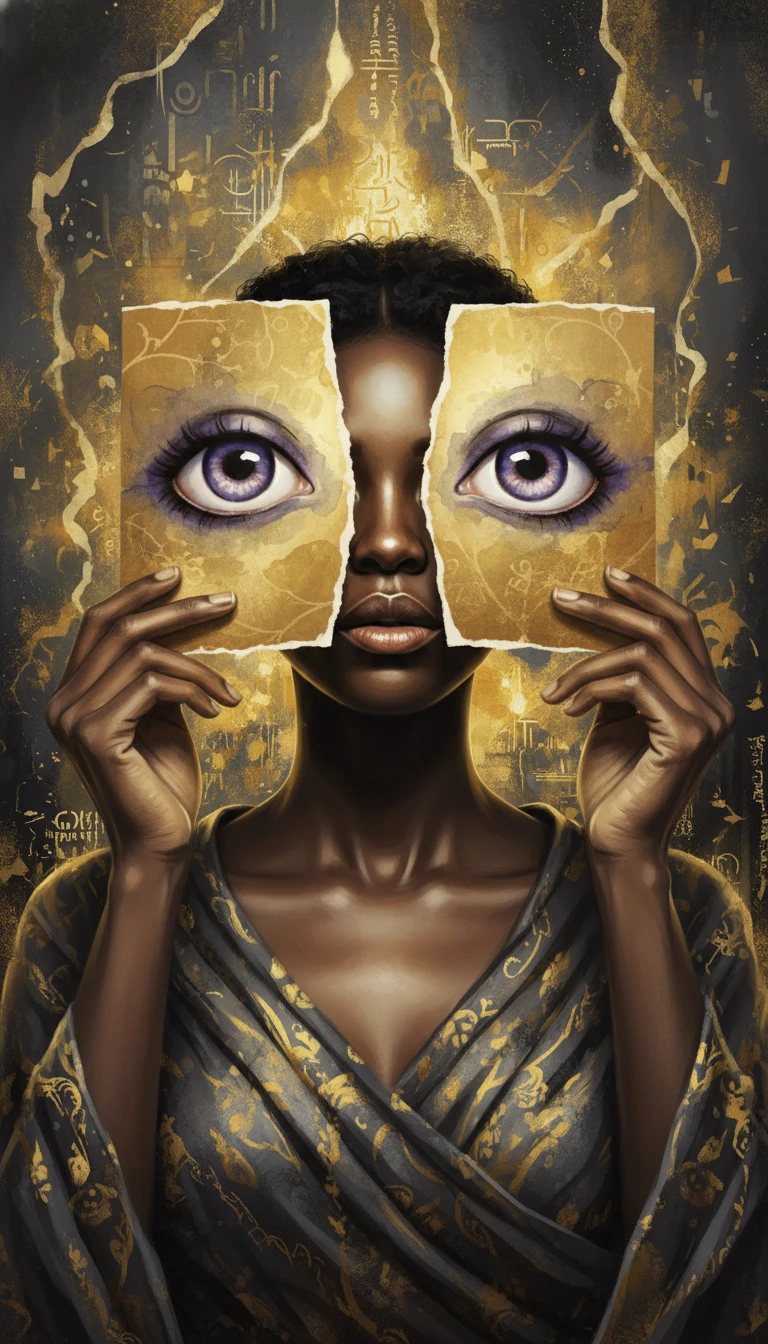 Ethereal portrait of a black woman with golden art pages