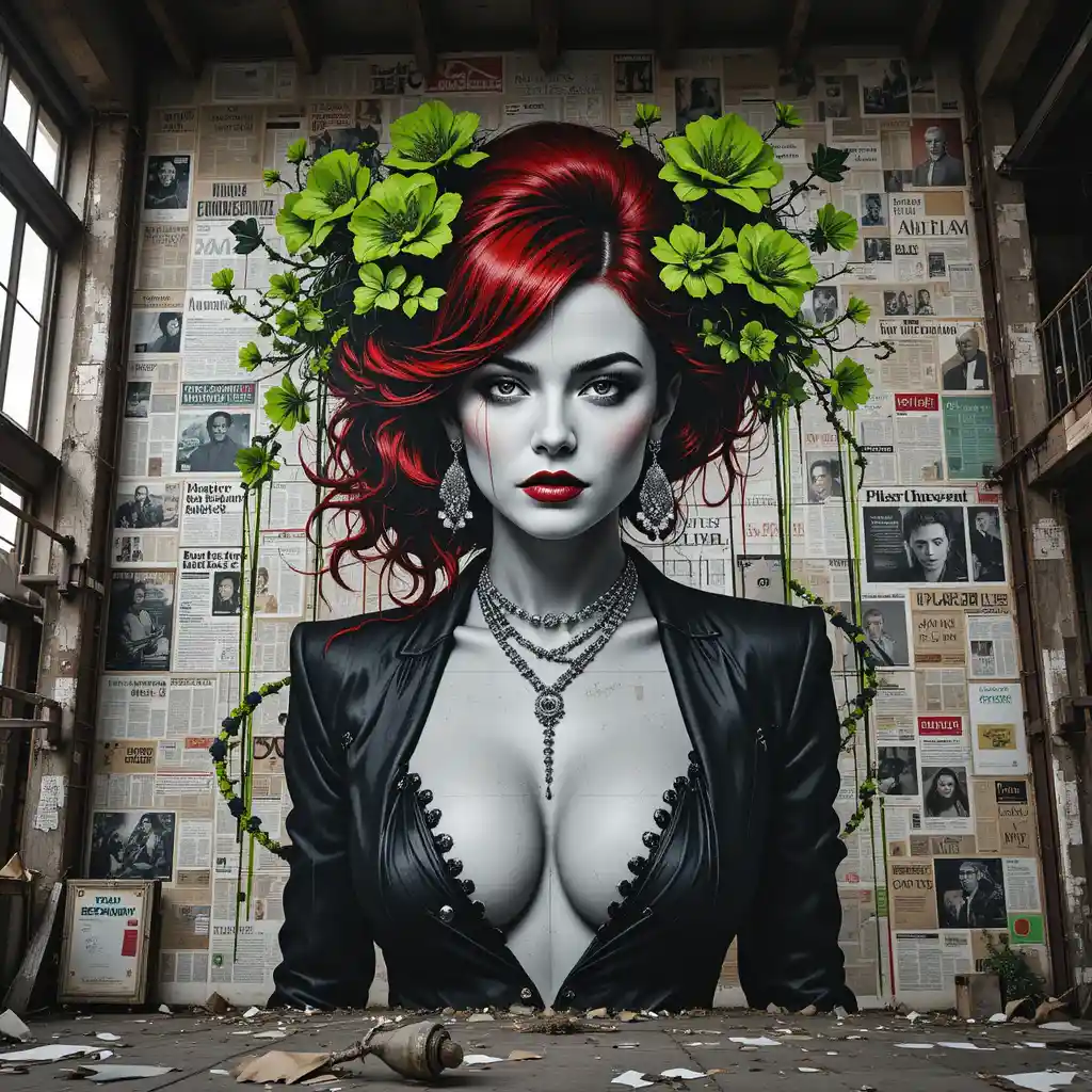 Femme fatale mural on decayed industrial street wall