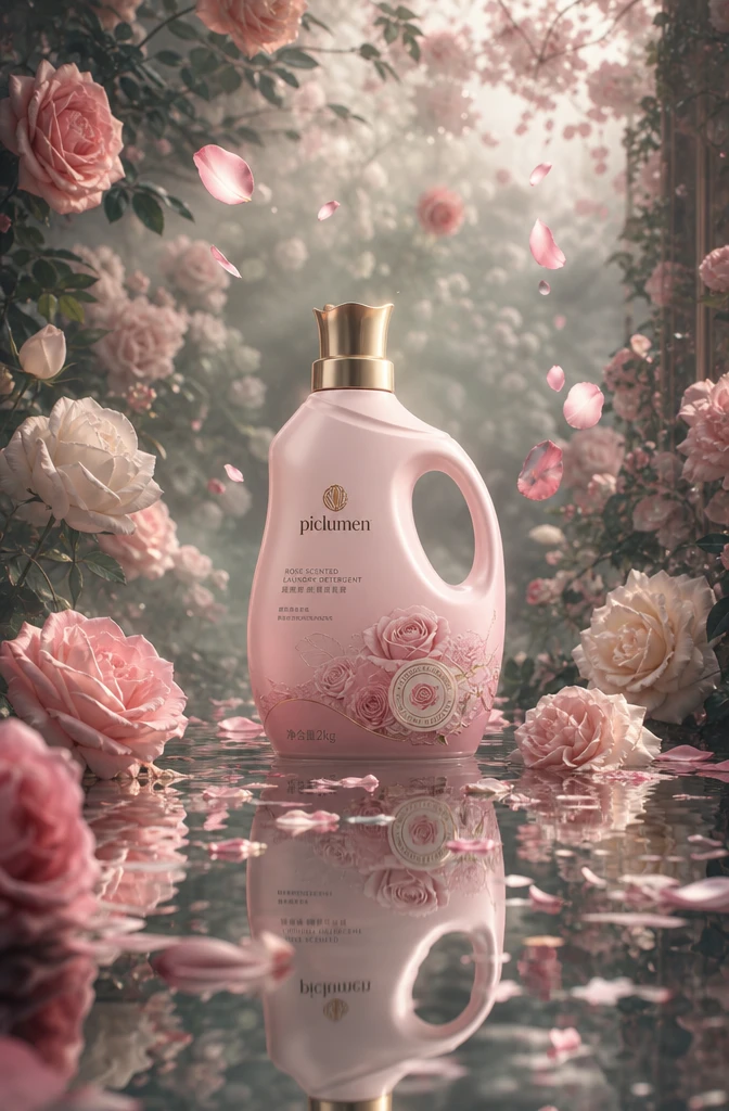 花柄の背景に置かれたローズ洗剤ボトルの商品写真