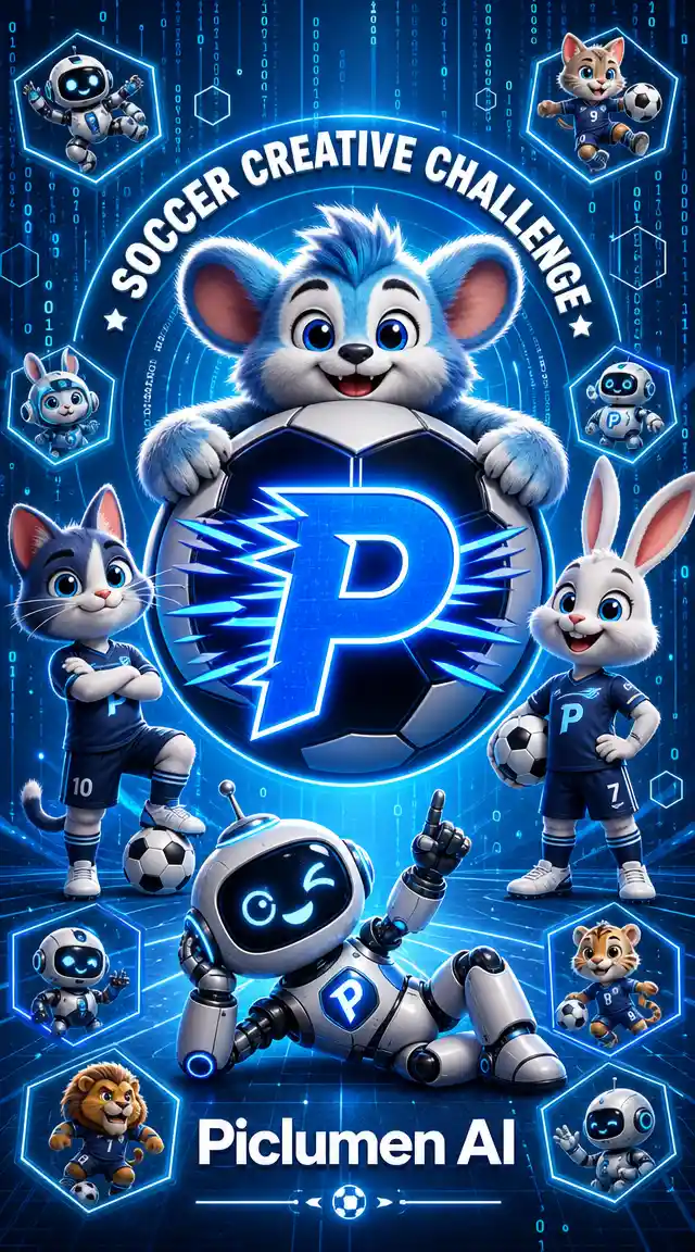 Poster di calcio futuristico con logo P luminoso e mascotte