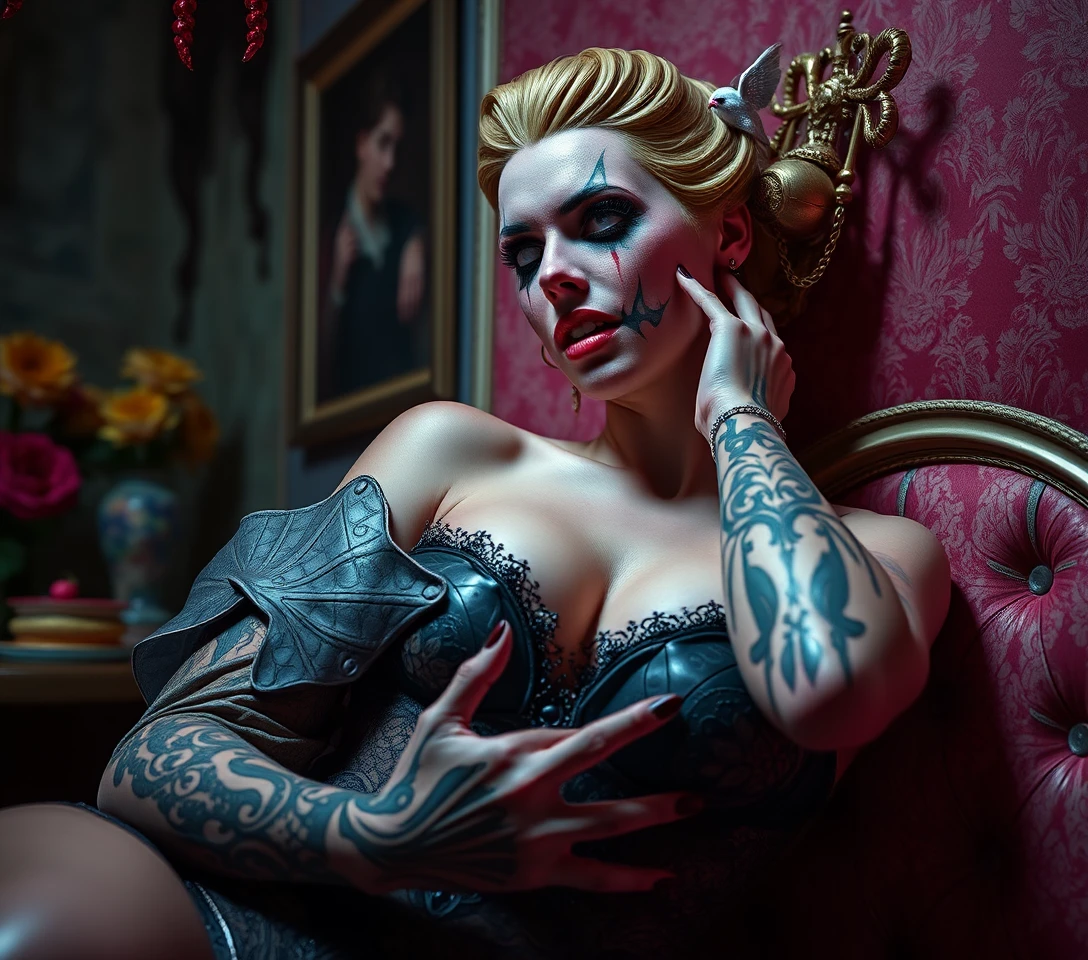 Escena de horror cómico surreal con detalles sensuales y vibrantes