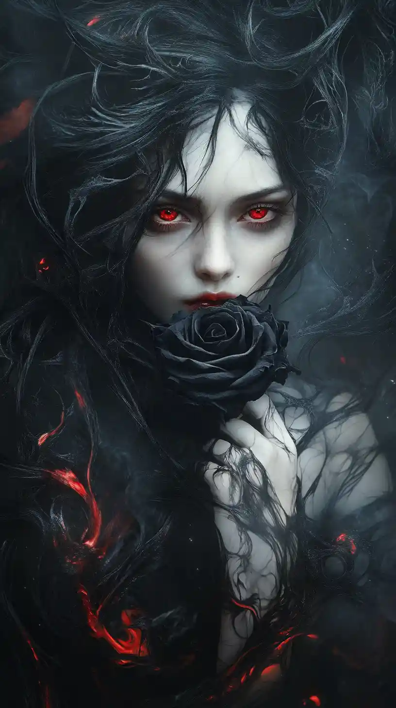Dark haired woman with black rose in swirling void