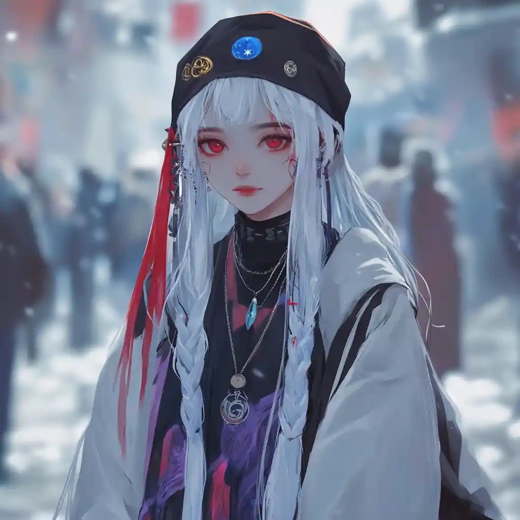 Girl in white down jacket at a futuristic concert