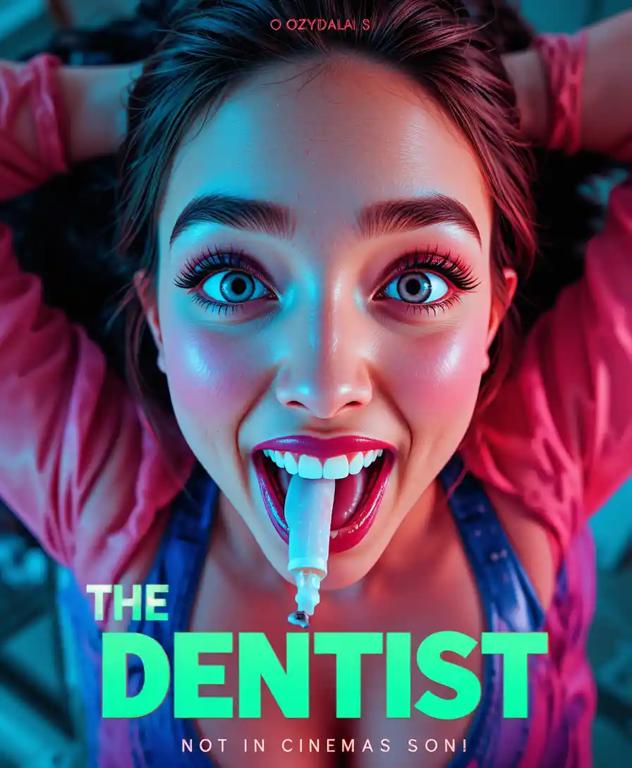 Top down fisheye view of girl in colorful dental poster