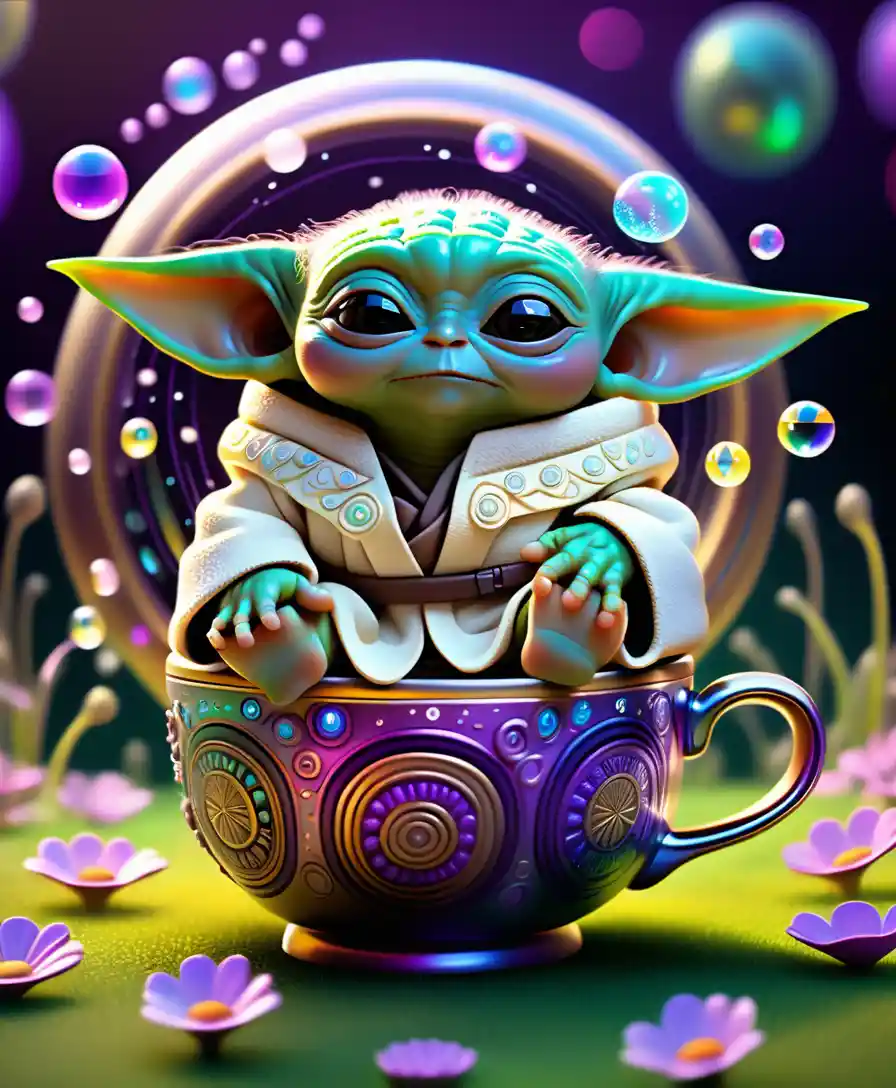 Baby Yoda In Ornate Coffee Cup In Surreal Meadow