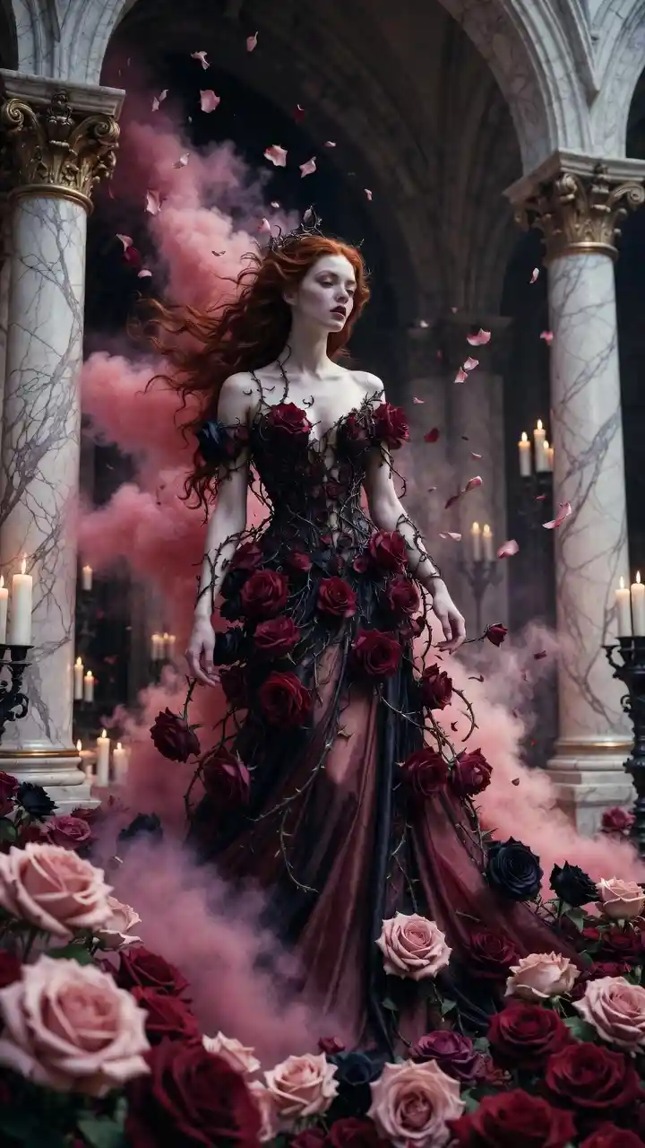 Crimson haired queen of roses in a gothic palace