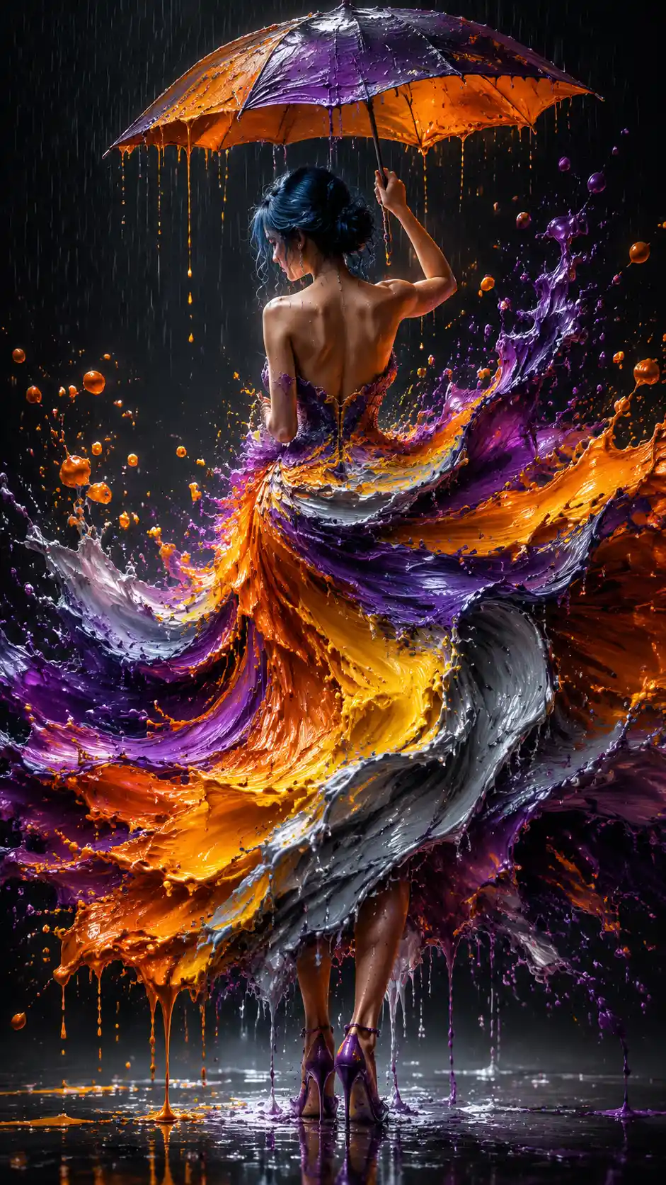 Italian woman in swirling violet and orange paint dress