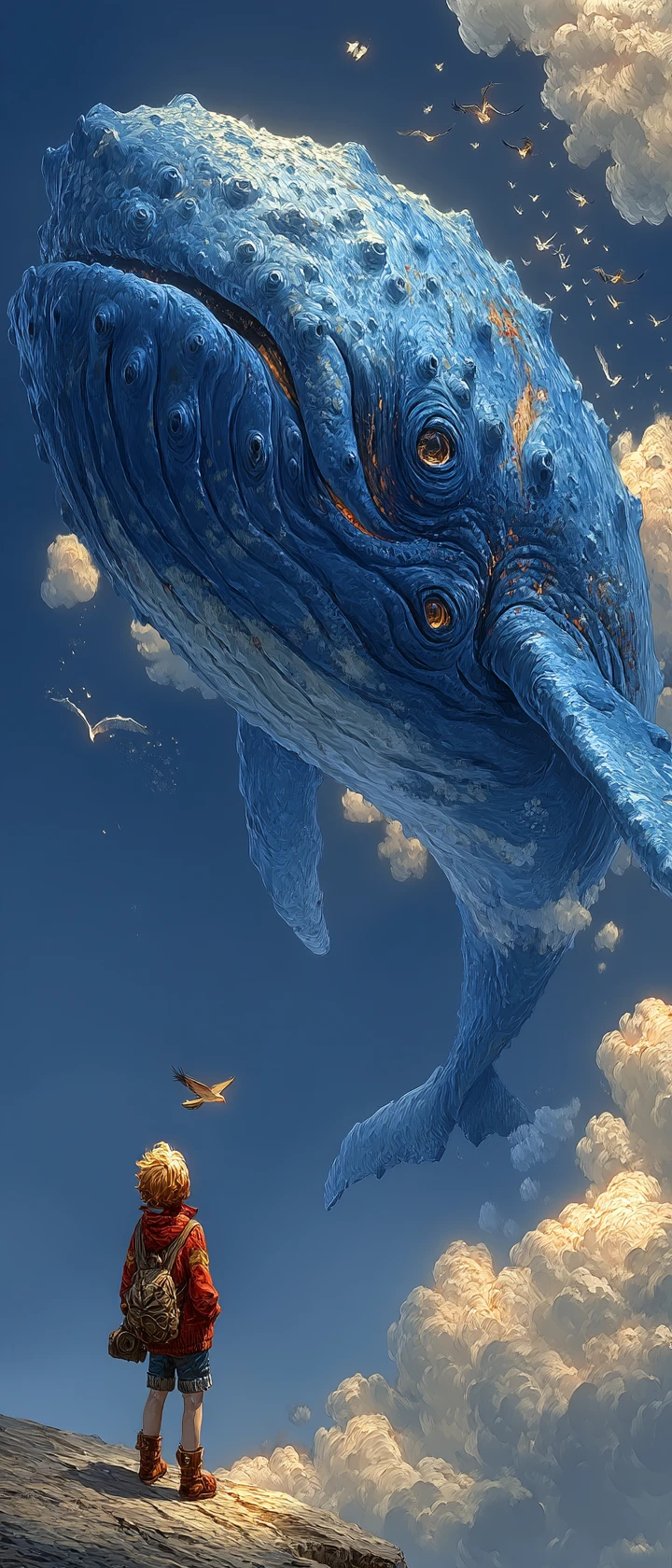 Gentle cloud whale soaring above a tiny cliffside observer