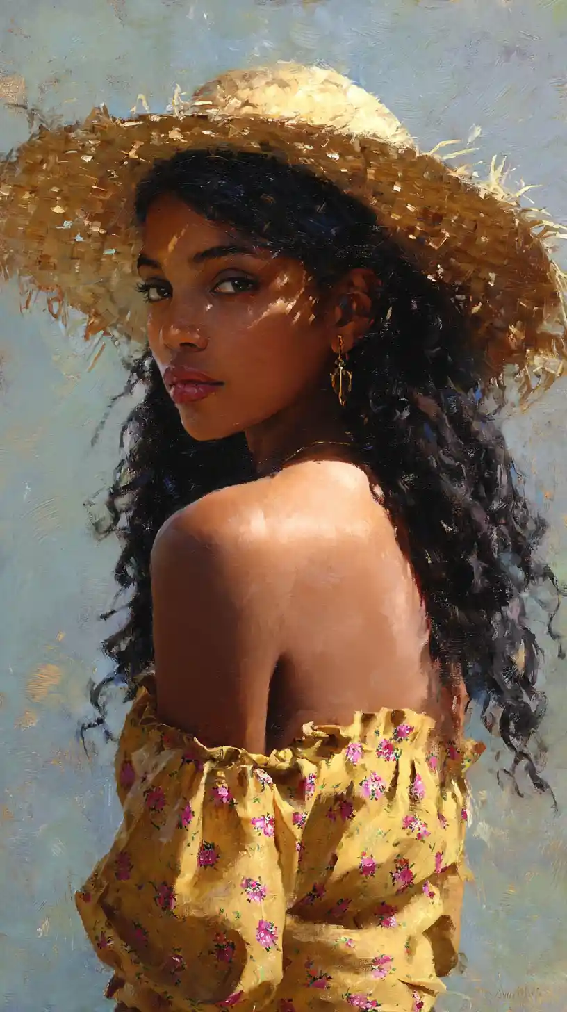 Young woman in straw hat turning back over her shoulder