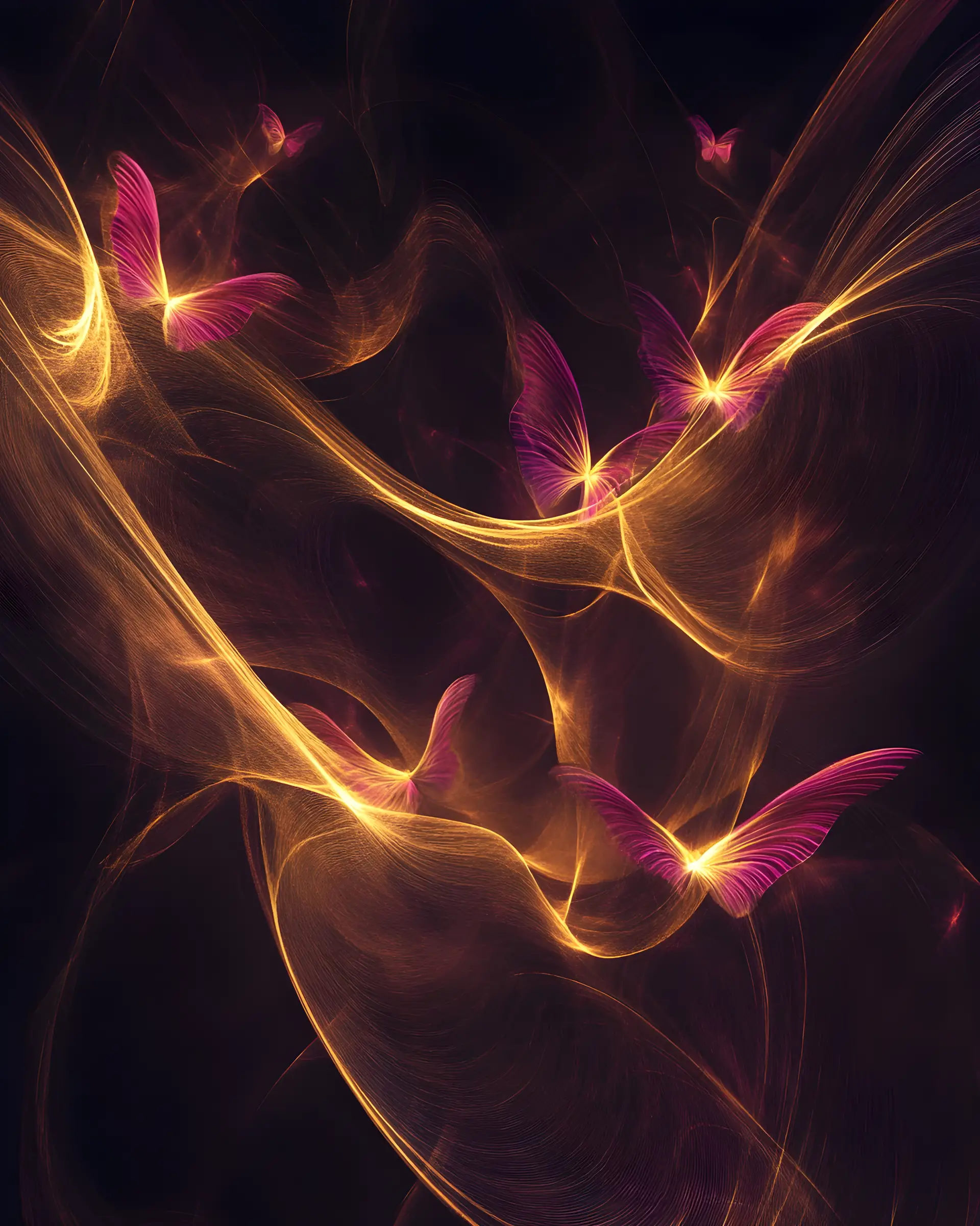 Ethereal flock of light birds swirling in dark space