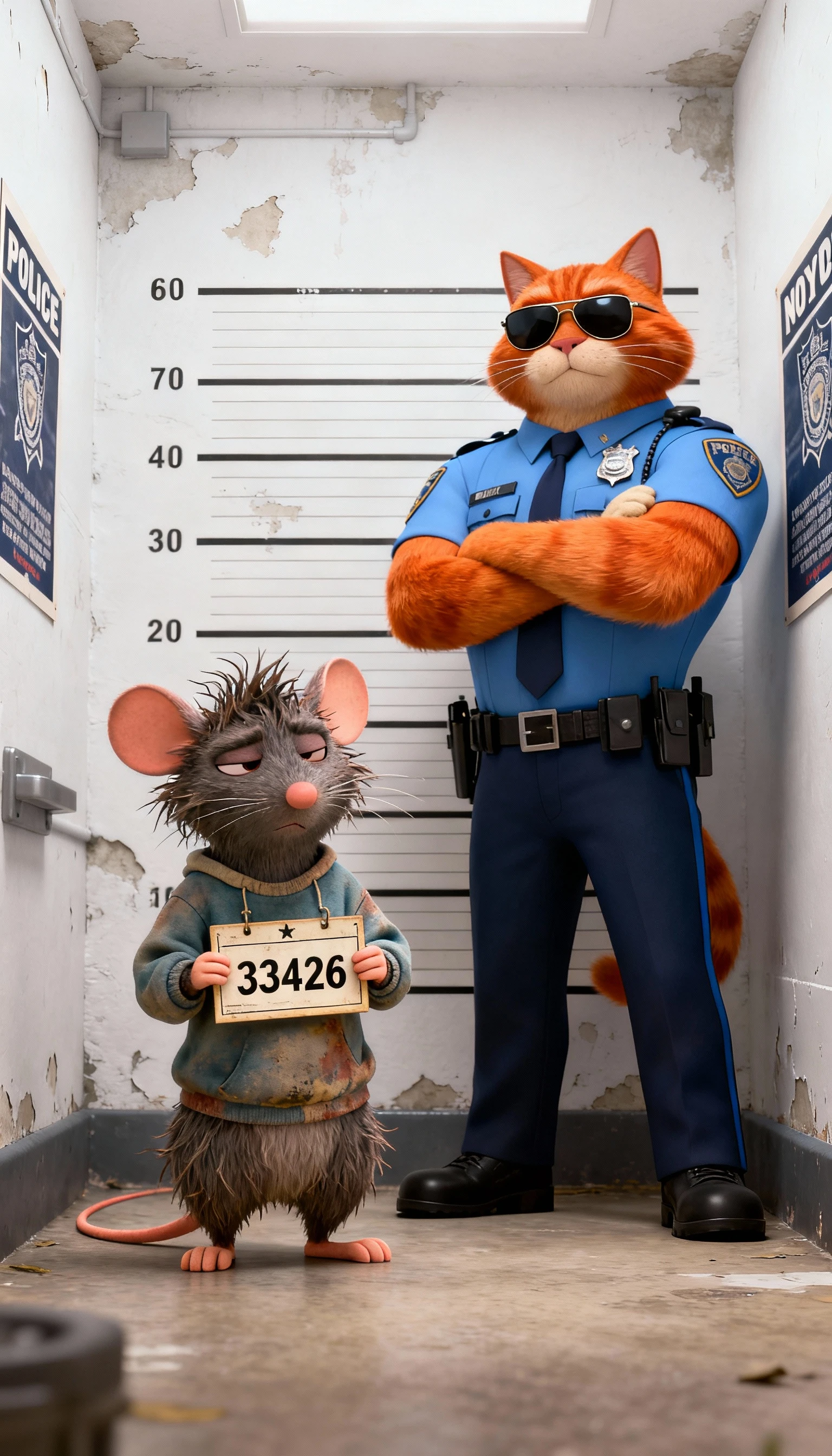 Divertida escena 3D de ficha policial con gato policía y ratón desaliñado