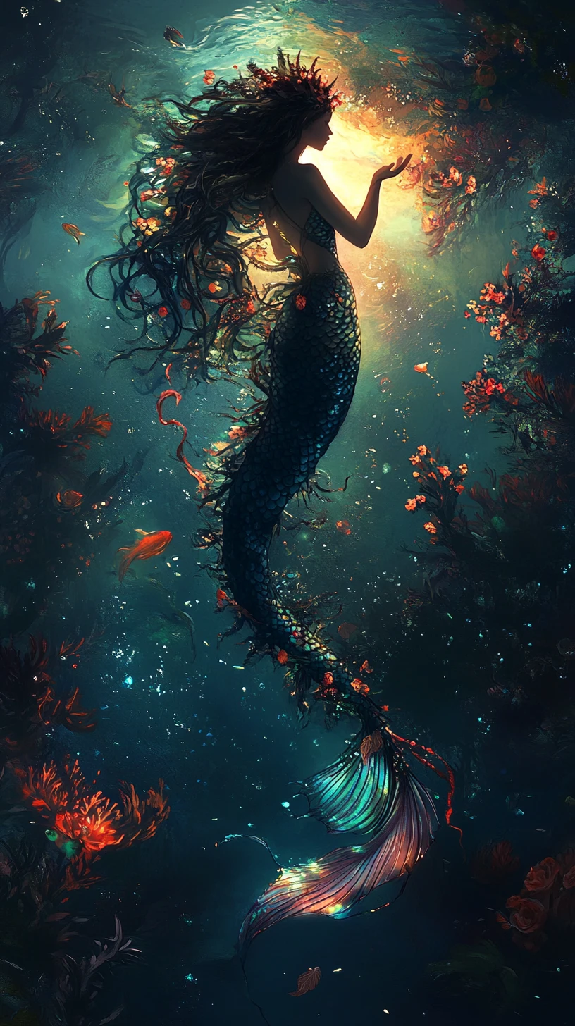 Mystical mermaid amid dark florals in glowing underwater depths
