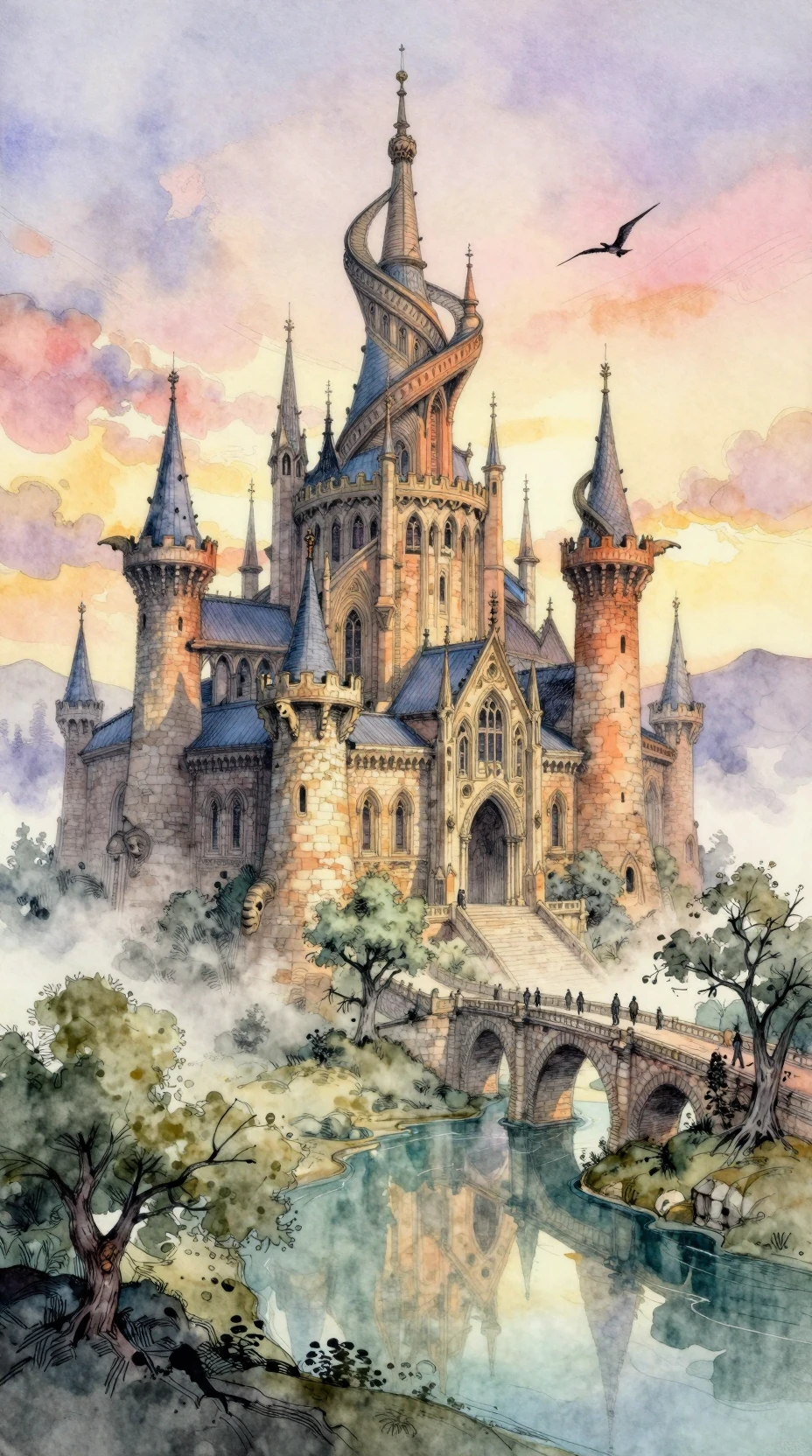 Castillo de tinta en acuarela elevándose sobre un valle brumoso