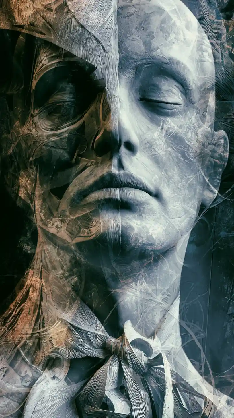 Surreal abstract figure dissolving into scattered ash and memory