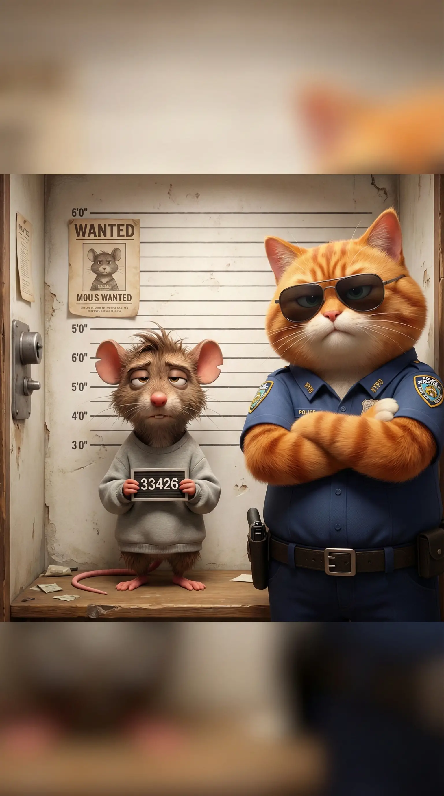 Pixar style 3D cat cop with mouse mugshot scene