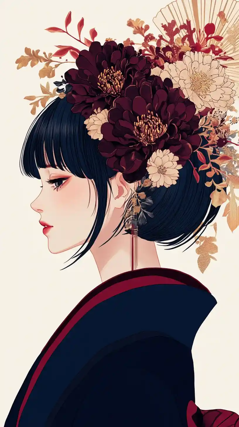 Elegant anime woman in floral kimono profile portrait