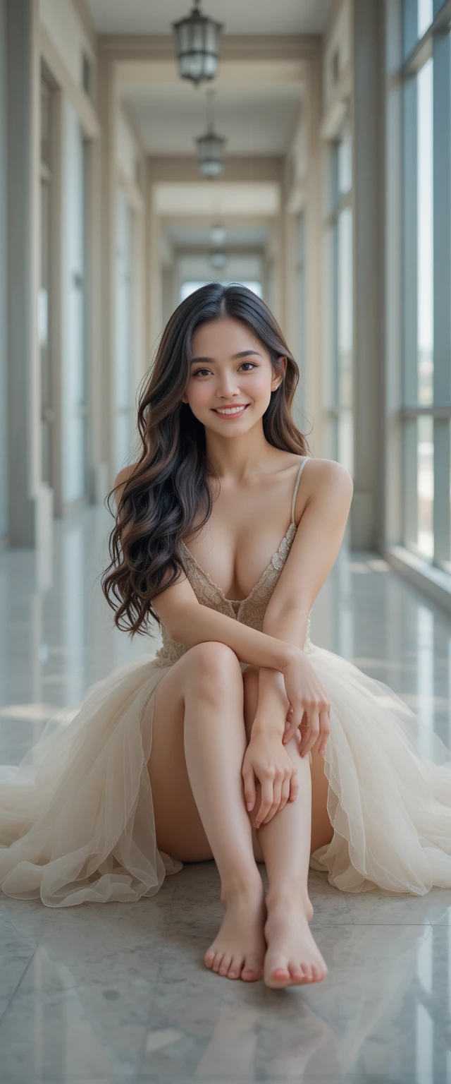 Elegant woman sitting barefoot in a modern corridor