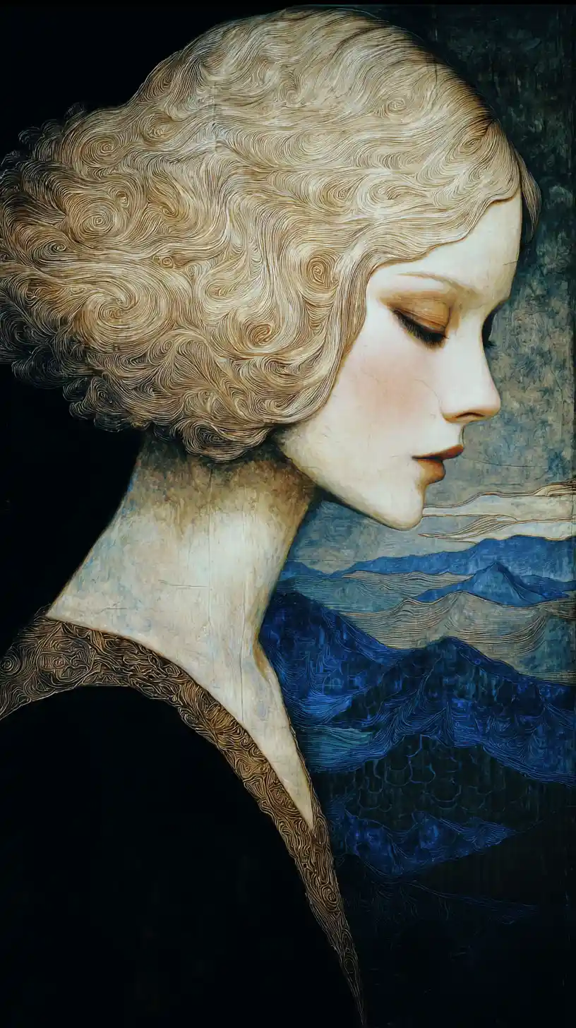 Chiaroscuro portrait of an ageless supernatural woman in starlight
