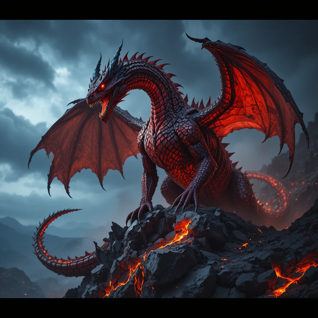 Ancient red dragon on a shattered volcanic cliff