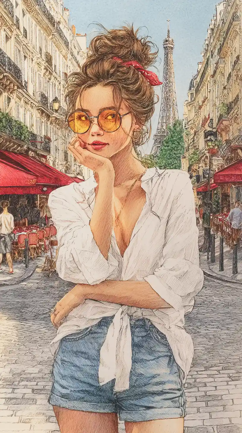 Stylish woman in Paris street colored pencil illustration