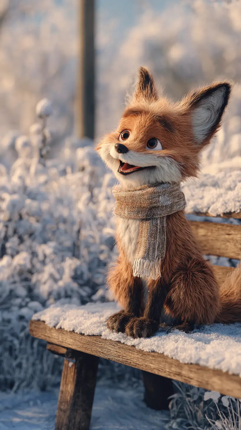 Smiling fox on a bench in a snowy winter park