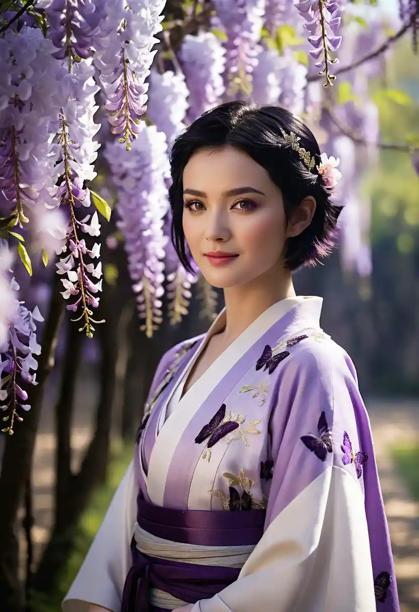 Young swordswoman beneath blooming wisteria in soft spring light