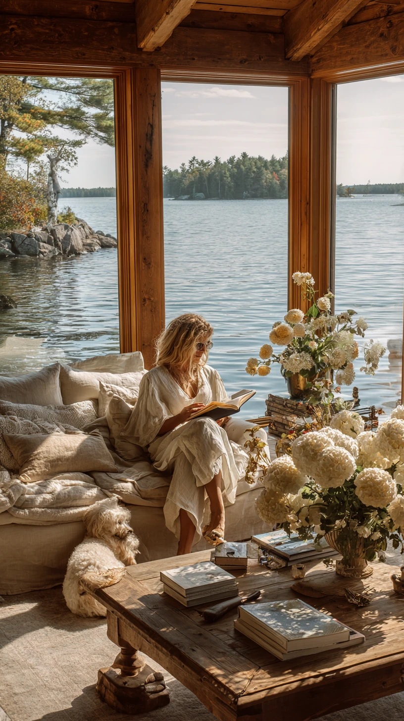Woman reading in a serene lakeside living room