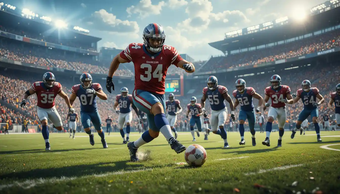 Football player running down the pitch chased by opponents