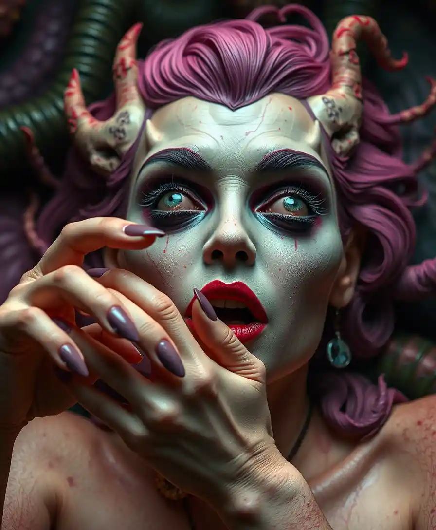 Surreal comedic horror creature emerging in vivid colors