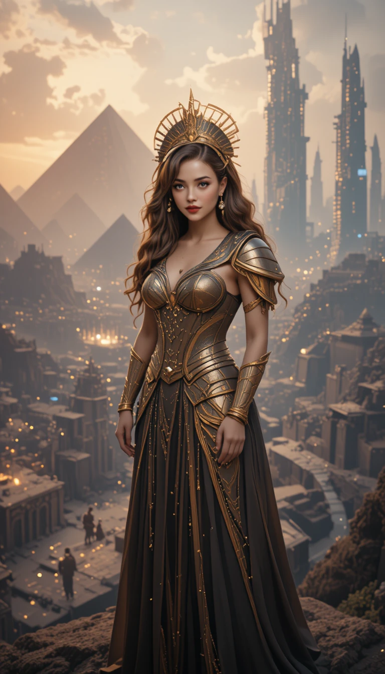 Golden armored queen on cliff above vast battlefield