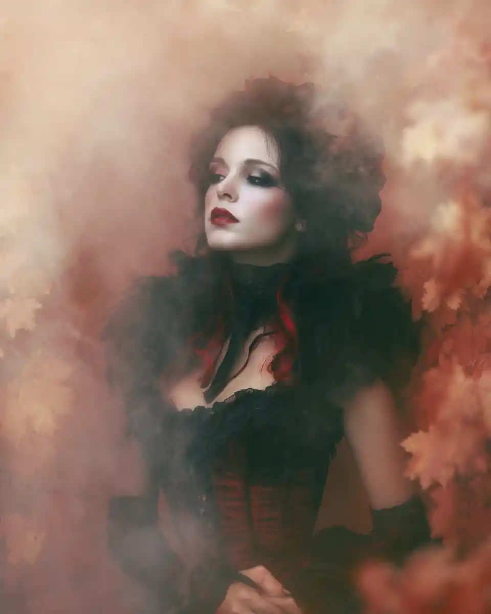 Gothic woman in soft foggy autumn oil painting