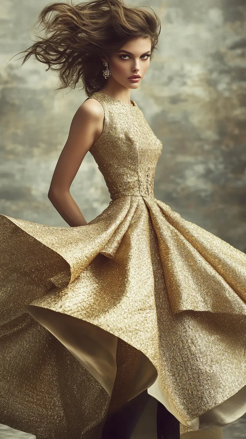 Elegant woman in gold couture dress fashion portrait