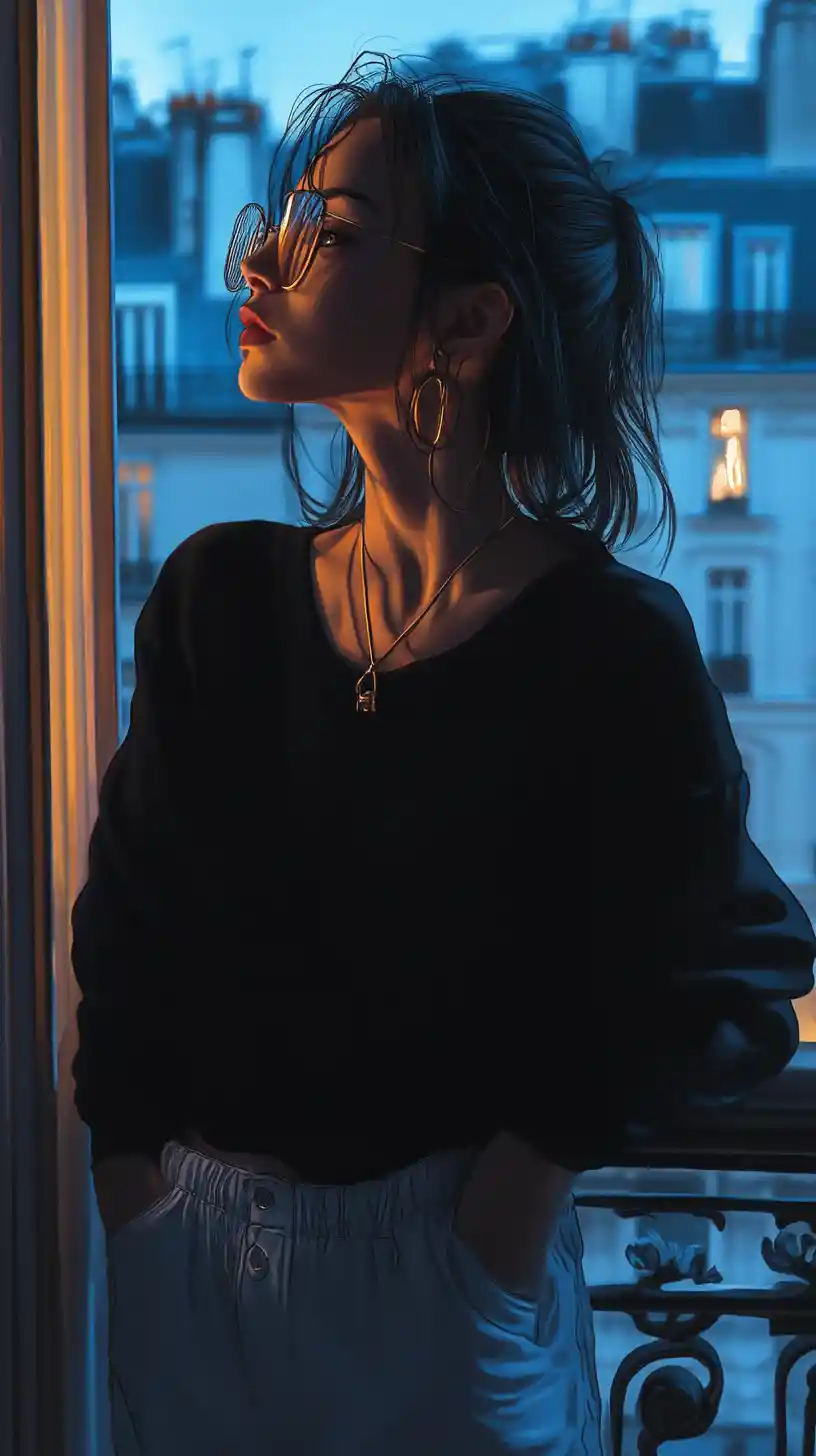 Young woman smoking on a Parisian balcony at night