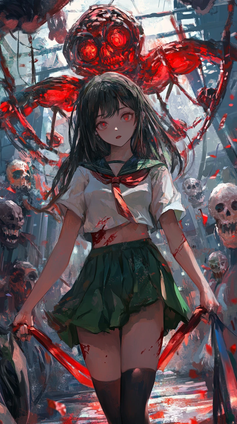 Ragazza anime in un mercato di Halloween pieno di fantasmi