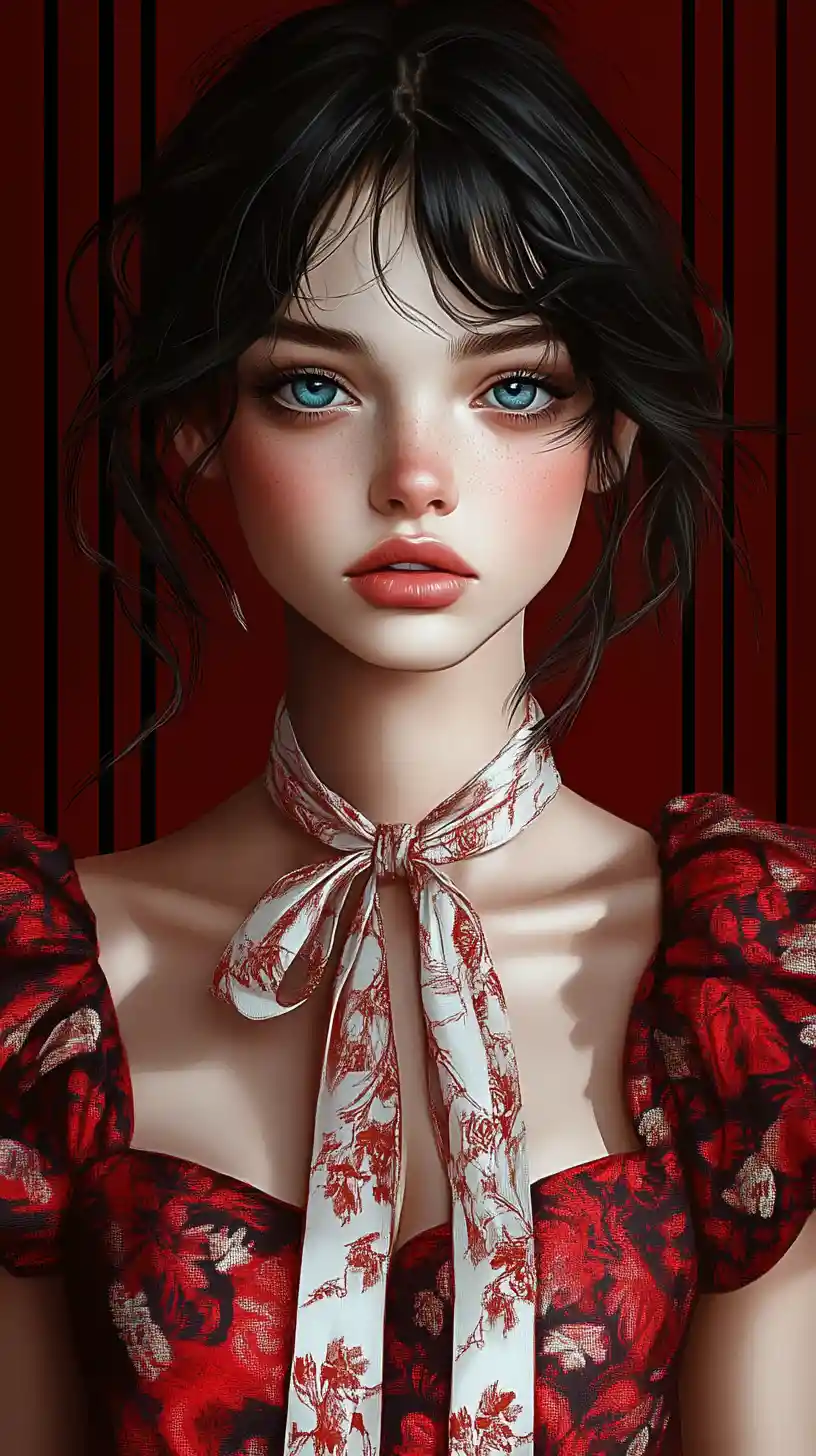 Young woman in red dress fashion illustration portrait