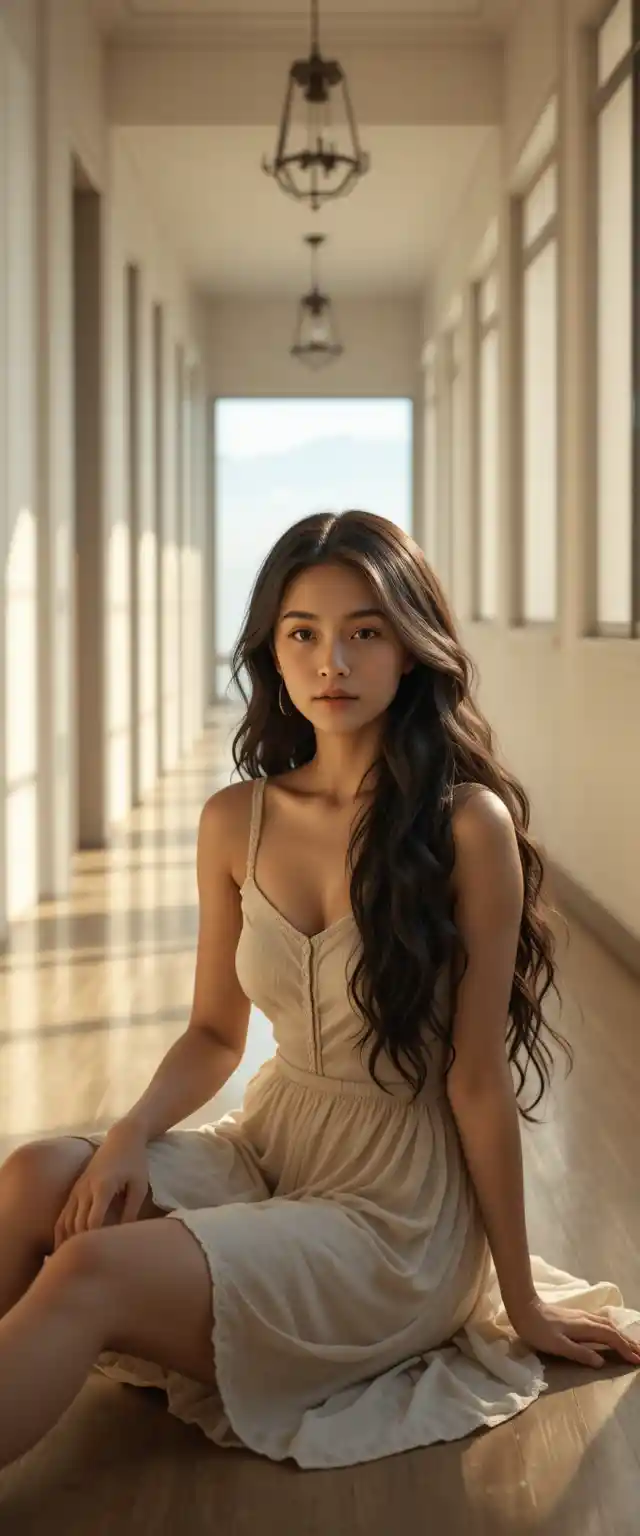 Woman sitting on hallway floor in soft daylight