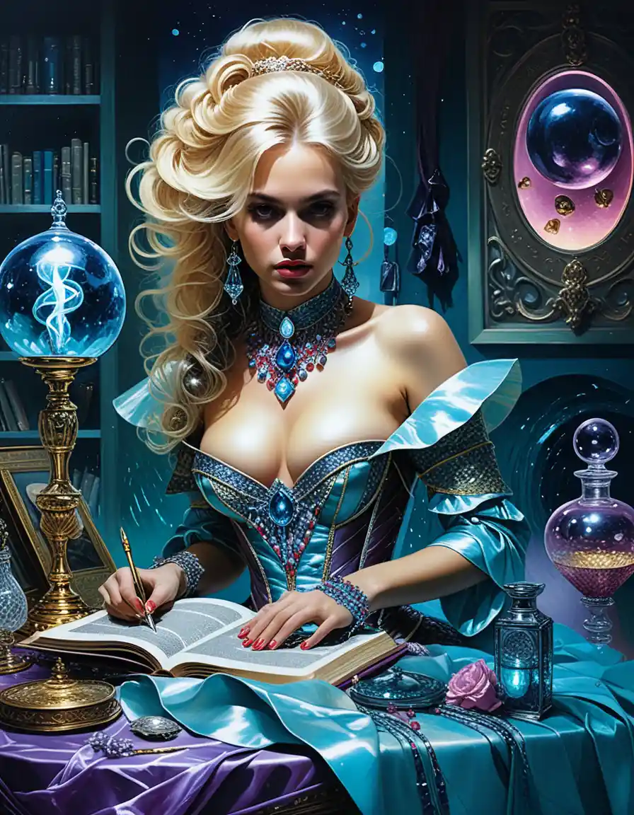 Blonde sorceress cataloguing glowing relics in opulent study