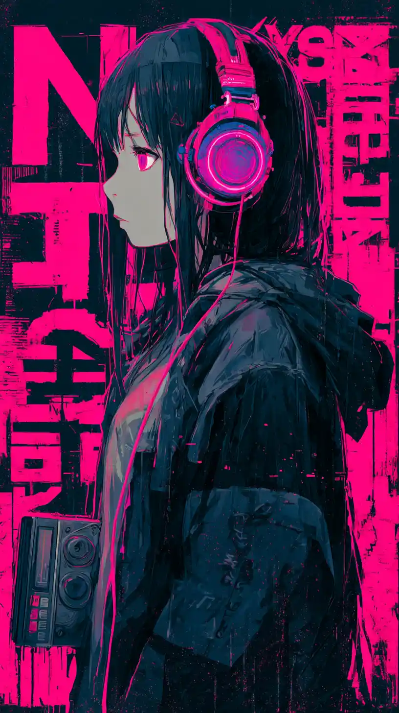 Anime girl in headphones beside neon pink graffiti wall