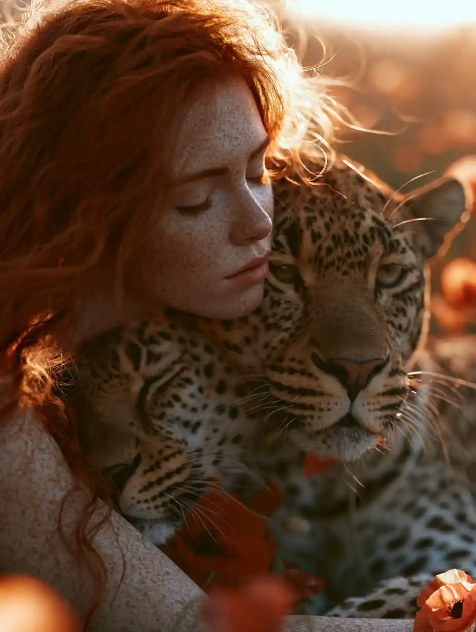 Red haired girl resting against leopard in poppy field